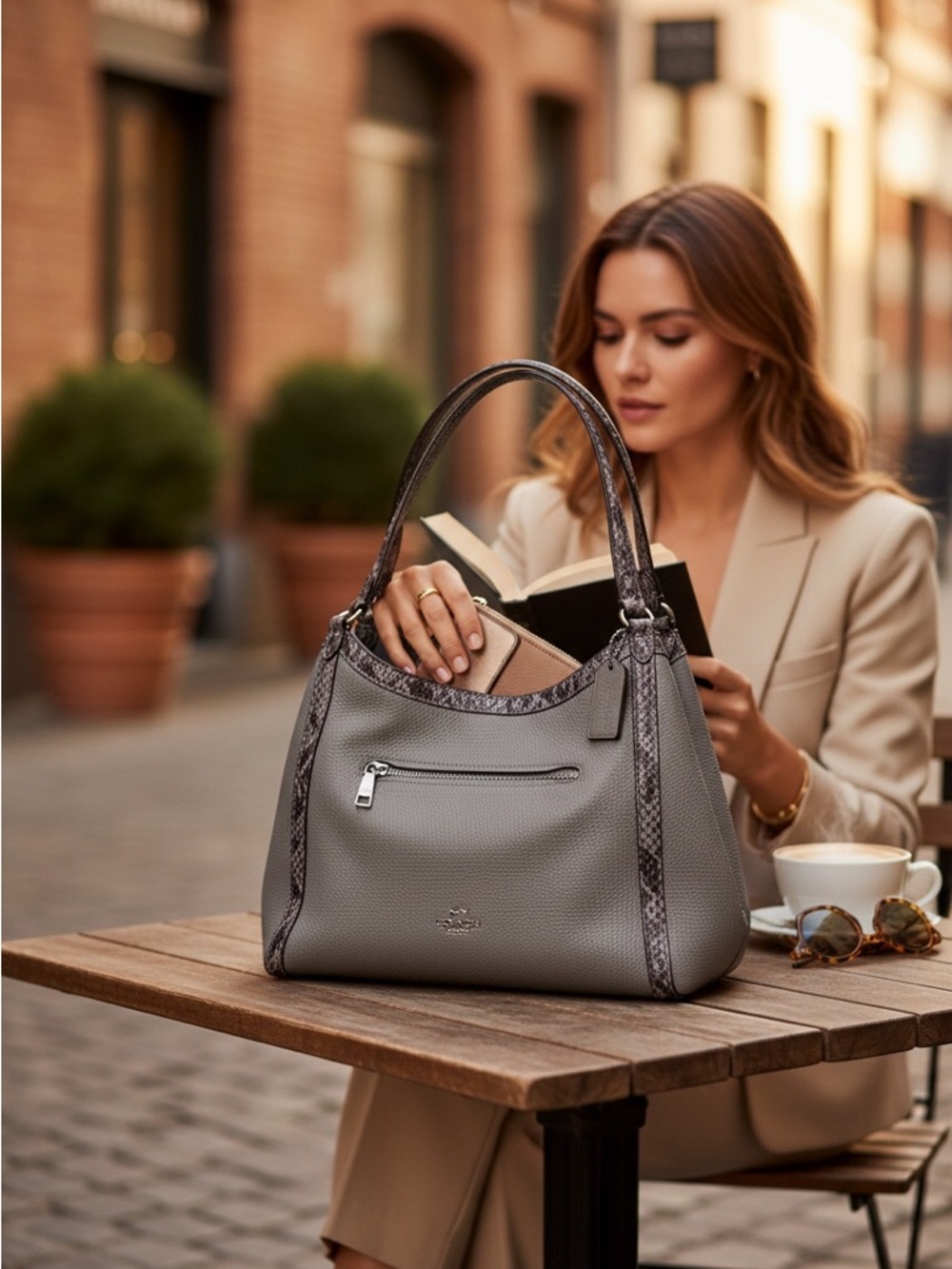 Coach Kristy Pebbled Leather Shoulder Bag Granite Gray/Python Trim EUC